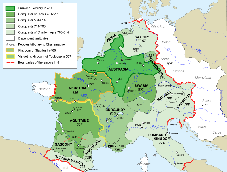 Francia from the beginning of Merovingian times through to the early Carolingian period. (Wikimedia)
